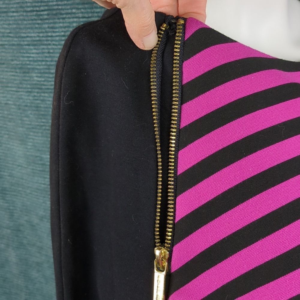 Michael Kors Zip Shoulder Dress Magenta & Black Striped Long Sleeves - Picture 7 of 10